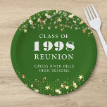 Assiettes En Carton Classe Reunion Green Gold Stars Personnalisé<br><div class="desc">Célébrez avec vos camarades de classe à votre réunion de classe de l'école ou du collège avec ces plaques de papier couleur personnalisées et personnalisées pour n'importe quel cours de fin d'études (l'année est modifiable) avec votre année de classe et le nom de l'école. Le design comporte des étoiles dorées...</div>