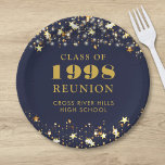 Assiettes En Carton Classe Reunion Marine Blue Gold Stars Personnalisé<br><div class="desc">Célébrez avec vos camarades de classe à votre réunion de classe de l'école ou du collège avec ces plaques de papier couleur personnalisées et personnalisées pour n'importe quel cours de fin d'études (l'année est modifiable) avec votre année de classe et le nom de l'école. Le design comporte des étoiles dorées...</div>