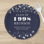 Assiettes En Carton Classe Reunion Marine Blue Silver Stars Personnali<br><div class="desc">Célébrez avec vos camarades de classe à votre réunion de classe de l'école ou du collège avec ces plaques de papier couleur personnalisées et personnalisées pour n'importe quel cours de fin d'études (l'année est modifiable) avec votre année de classe et le nom de l'école. Le design comporte des étoiles argentées...</div>