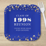 Assiettes En Carton Classe Reunion Royal Blue Gold Stars Personnalisé<br><div class="desc">Plaques papier de réunion de classe royale bleu personnalisées pour chaque classe de fin d'études (l'année est modifiable) avec votre année de classe et le nom de l'école. Le design comporte des étoiles dorées et des lampes à cordes contre une couleur arrière - plan bleue royale modifiable que vous pouvez...</div>