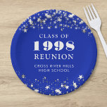 Assiettes En Carton Classe Reunion Royal Blue Silver Stars Personnalis<br><div class="desc">Célébrez avec vos camarades de classe à votre réunion de classe de l'école ou du collège avec ces plaques de papier couleur personnalisées et personnalisées pour n'importe quel cours de fin d'études (l'année est modifiable) avec votre année de classe et le nom de l'école. Le design comporte des étoiles d'argent...</div>