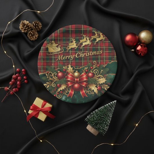 Assiettes En Carton Classic Merry Christmas Plaid Design