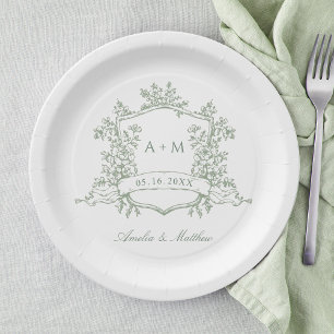 Assiettes En Carton Classic Sage Green Floral Crest Monogramme Mariage