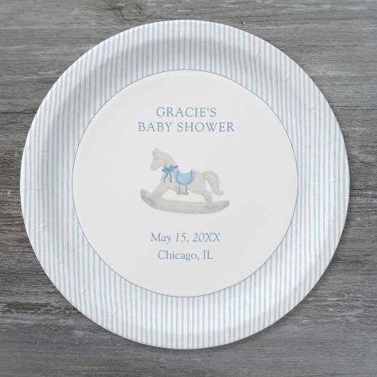 Assiettes En Carton Classic Simple Blue Rocking Horse Baby shower garç