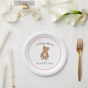 Assiettes En Carton Classic Teddy Bear Baby shower blanc rose