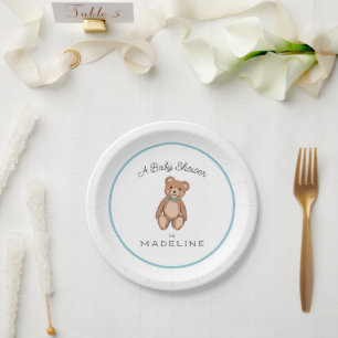 Assiettes En Carton Classic Teddy Bear Bleu Baby shower blanc
