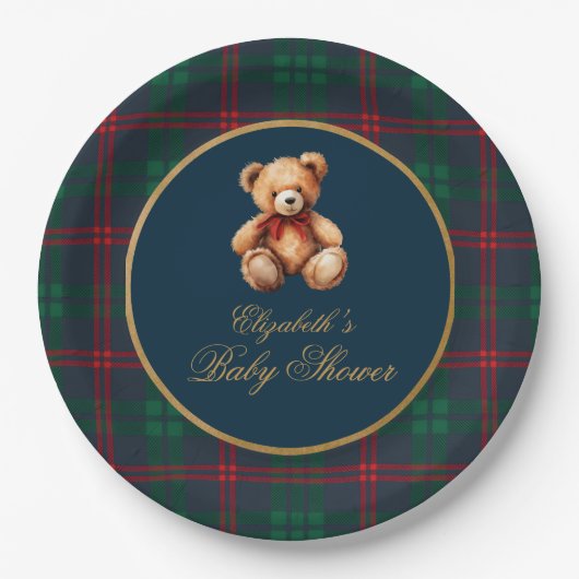 Assiettes En Carton Classic Teddy Bear Navy Plaid Preppy Baby Shower (Devant)