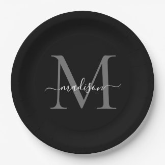 Assiettes En Carton Classique Gris Noir Monogramme Moderne Écriture No