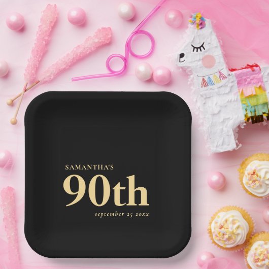 Assiettes En Carton Classy Custom Gold Black Text 90e Nom Date (Fête)