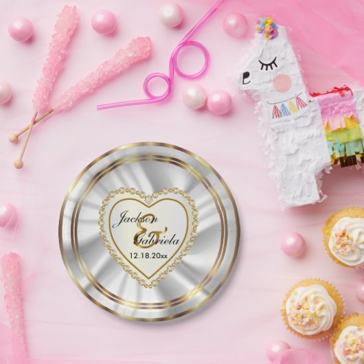 Assiettes En Carton Classy Gold & Satin Blanc Mariage ou Anniversaire (Fête)