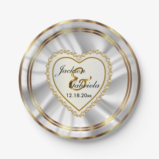 Assiettes En Carton Classy Gold & Satin Blanc Mariage ou Anniversaire (Devant)