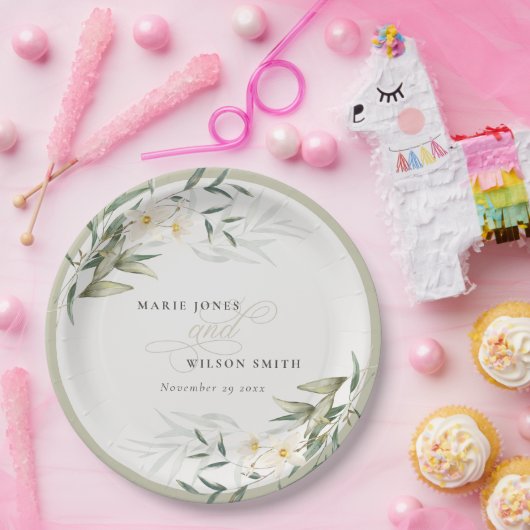 Assiettes En Carton Classy Rustic Blanc Vert Vert Floral Bunch Mariage (Fête)