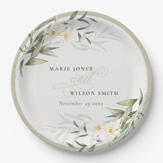 Assiettes En Carton Classy Rustic Blanc Vert Vert Floral Bunch Mariage (Devant)