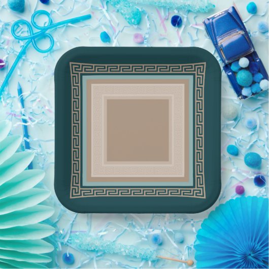 Assiettes En Carton Clé grecque - Meander - Taupe et vert (Fête)