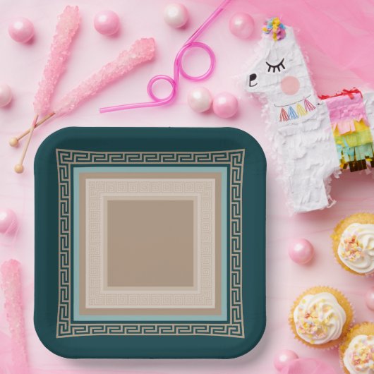 Assiettes En Carton Clé grecque - Meander - Taupe et vert (Fête)