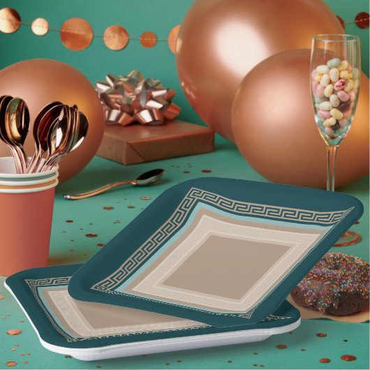 Assiettes En Carton Clé grecque - Meander - Taupe et vert (Multi)