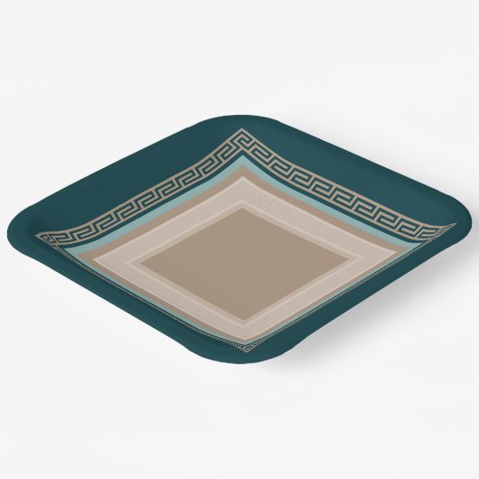Assiettes En Carton Clé grecque - Meander - Taupe et vert (Angulaire)