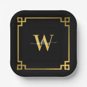 Assiettes En Carton Clé grecque noire et or Monogramme (Recto)