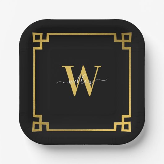 Assiettes En Carton Clé grecque noire et or Monogramme (Recto)
