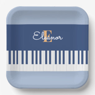 Assiettes En Carton Clés de musique de piano bleu Monogrammed Party