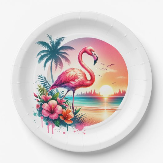Assiettes En Carton Clipart coucher de soleil Flamant rose rose (Devant)