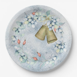 Assiettes En Carton Cloches de Noël Bleu Élégant Vintage rustique