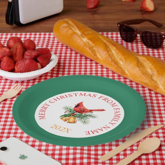 Assiettes En Carton Cloches de Noël Rouge Robin & Or Sur Blanc & Vert (Pique-nique)