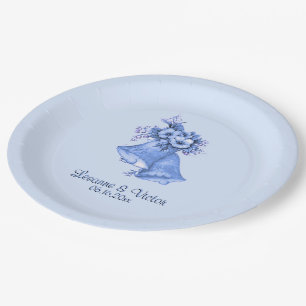 Assiettes En Carton Cloches Mariage Bleu Personnalisées