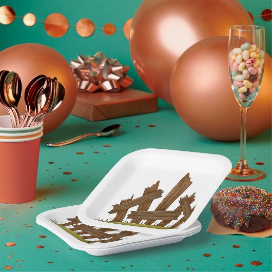 Assiettes En Carton Clôture en bois cassée Ferme rustique