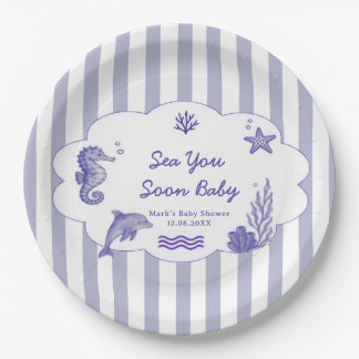 Assiettes En Carton Coastal Blue Striped Sea You Soon Baby Shower