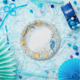 Assiettes En Carton Coastal Chic Moderne Bleu et Or sous la mer