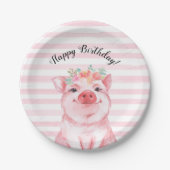 Assiettes En Carton Cochon d'aquarelle mignon avec rayures roses Anniv (Devant)