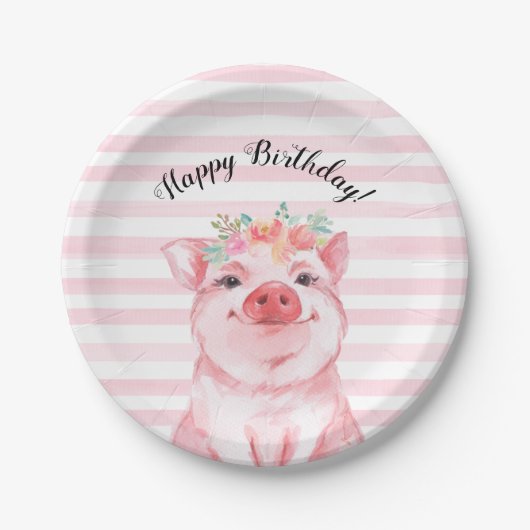 Assiettes En Carton Cochon d'aquarelle mignon avec rayures roses Anniv (Devant)