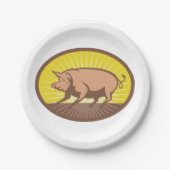 Assiettes En Carton Cochon de ferme rétro avec Sunburst (Devant)