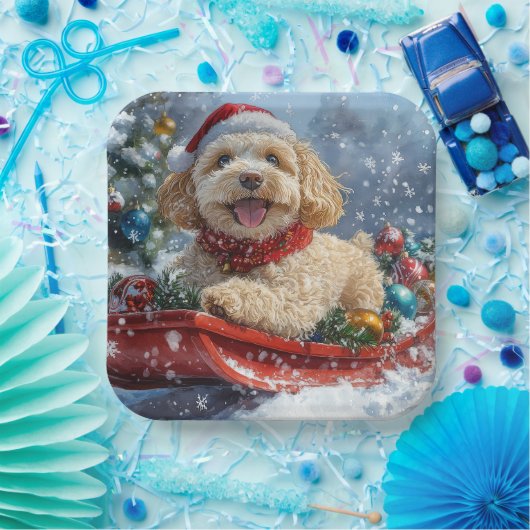 Assiettes En Carton Cockapoo Dog in Sledge Let it Neige Christmas (Fête)