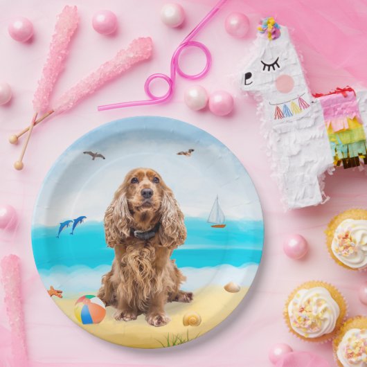 Assiettes En Carton Cocker Spaniel Chien sur la plage (Fête)