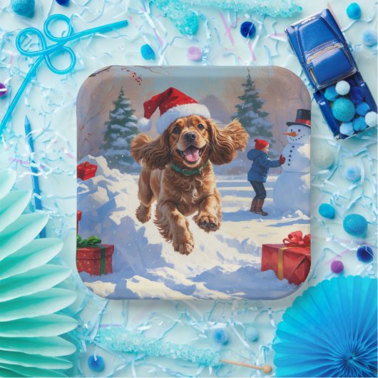 Assiettes En Carton Cocker Spaniel coule dans la neige avec le Casquet (Fête)