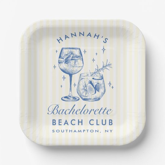 Assiettes En Carton Cocktail moderne rétro Bachelorette Bleu (Recto)