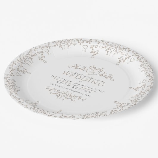 Assiettes En Carton Coeur d'art de la feuille monogramme tressé mariag (Angle)