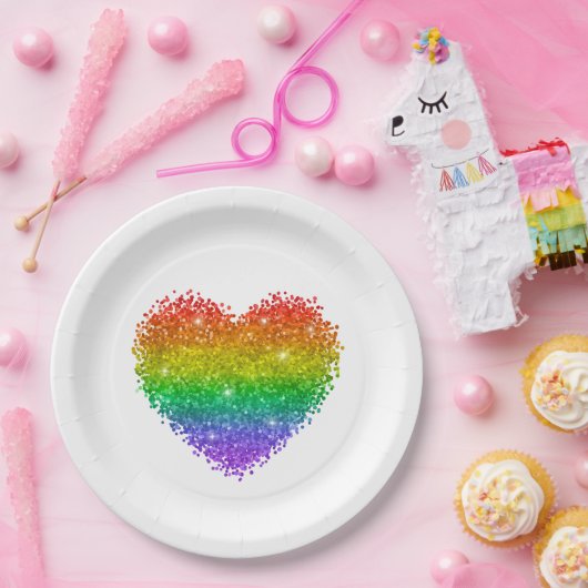 Assiettes En Carton coeur de parties scintillant arc-en-ciel (Fête)