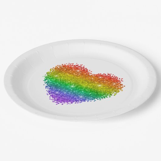 Assiettes En Carton coeur de parties scintillant arc-en-ciel (Angle)