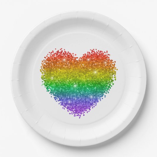Assiettes En Carton coeur de parties scintillant arc-en-ciel (Devant)