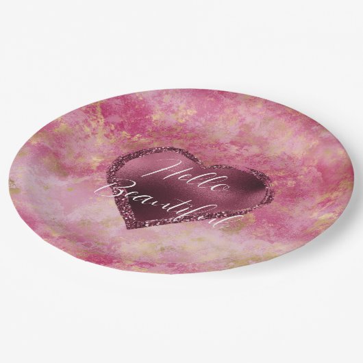 Assiettes En Carton Coeur de Parties scintillant cerise de Bourgogne (Angle)