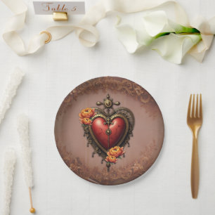 Assiettes En Carton Coeur de vapeur avec fleurs.