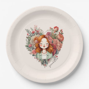 Assiettes En Carton Coeur des fleurs - Femme encadrée dans le coeur fl