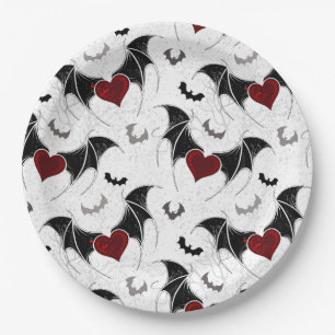 Assiettes En Carton Coeur d'Halloween avec ailes de chauve-souris noir