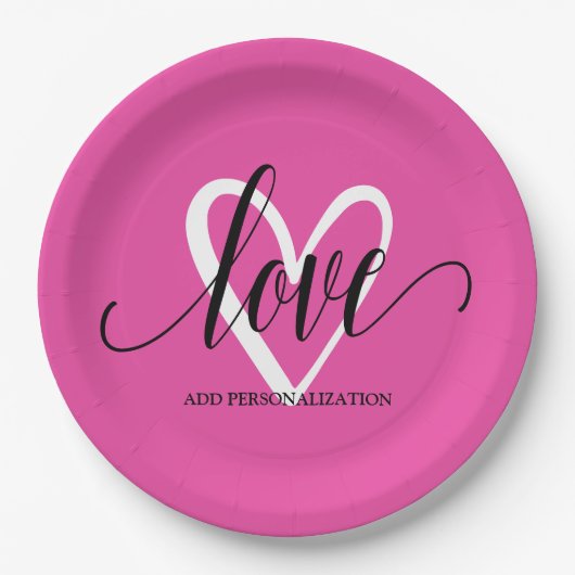 Assiettes En Carton Coeur Élégant minimal sur rose chaud (Devant)