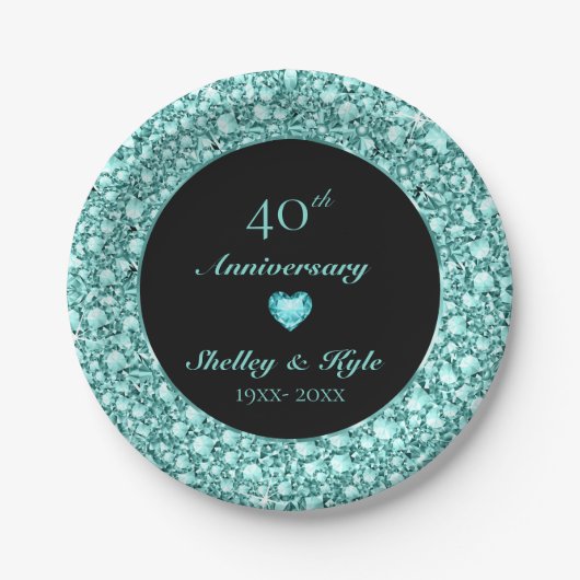 Assiettes En Carton Coeur Et Diamants Turquoise - Anniversaire (Devant)