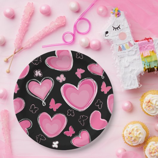 Assiettes En Carton Coeur et papillons roses dramatiques (Fête)