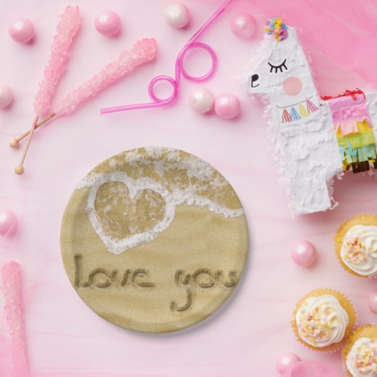 Assiettes En Carton Coeur "Love you" écrit dans Sable (Fête)